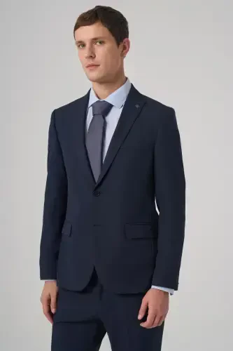 Men's Navy Blue Basic Plain Slim Fit Narrow Cut Double Slit Suit 