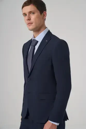 Men's Navy Blue Basic Plain Slim Fit Narrow Cut Double Slit Suit - MORVEN (1)