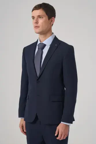 Men's Navy Blue Basic Plain Slim Fit Narrow Cut Double Slit Suit - 3