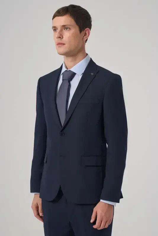 Men's Navy Blue Basic Plain Slim Fit Narrow Cut Double Slit Suit - 3