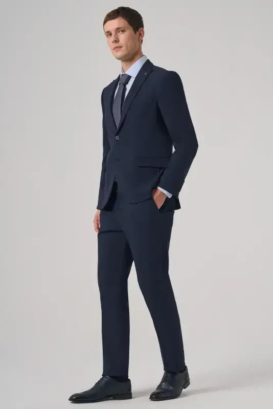 Men's Navy Blue Basic Plain Slim Fit Narrow Cut Double Slit Suit - 4
