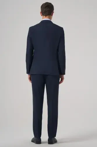 Men's Navy Blue Basic Plain Slim Fit Narrow Cut Double Slit Suit - 5