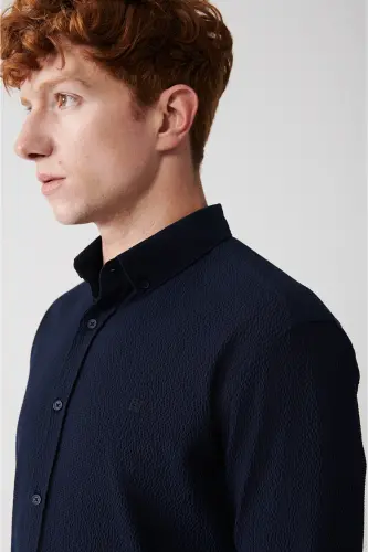 Men's Navy Blue Button-Down Collar Seersucker Cotton Comfort Fit Shirt A32y2071 - AVVA (1)