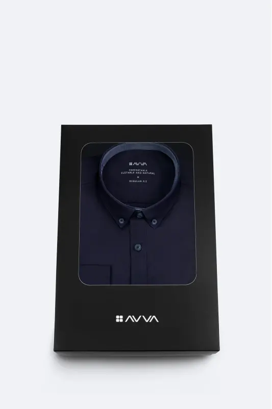 Men's Navy Blue Button-Down Collar Shirt 100% Cotton Oxford Regular Fit B002034 - AVVA