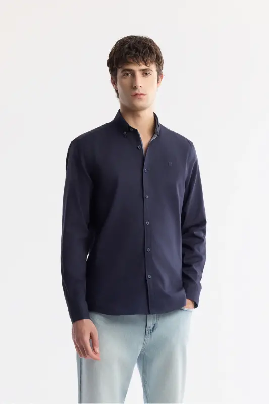 Men's Navy Blue Button-Down Collar Shirt 100% Cotton Oxford Regular Fit B002034 - 3