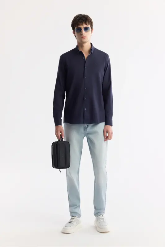 Men's Navy Blue Button-Down Collar Shirt 100% Cotton Oxford Regular Fit B002034 - 8