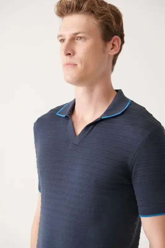 Men's Navy Blue Buttonless Knitted Detail Tricot T-shirt A31y5120 - 2