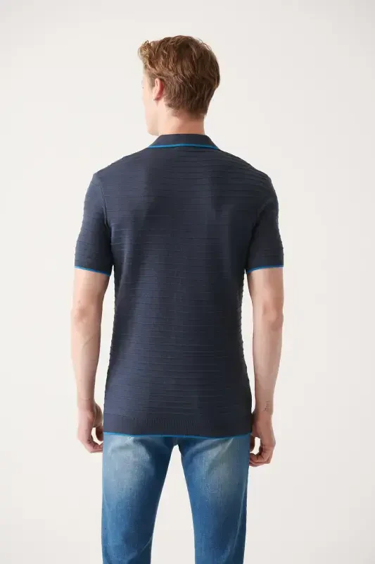 Men's Navy Blue Buttonless Knitted Detail Tricot T-shirt A31y5120 - 4