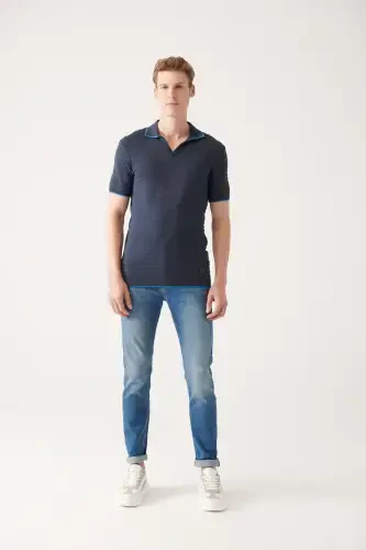 Men's Navy Blue Buttonless Knitted Detail Tricot T-shirt A31y5120 - 6