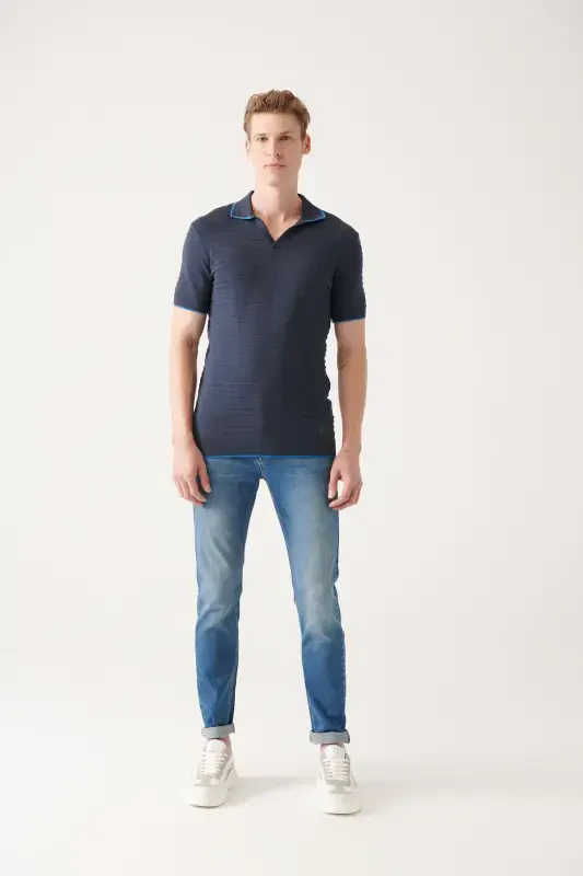 Men's Navy Blue Buttonless Knitted Detail Tricot T-shirt A31y5120 - 6