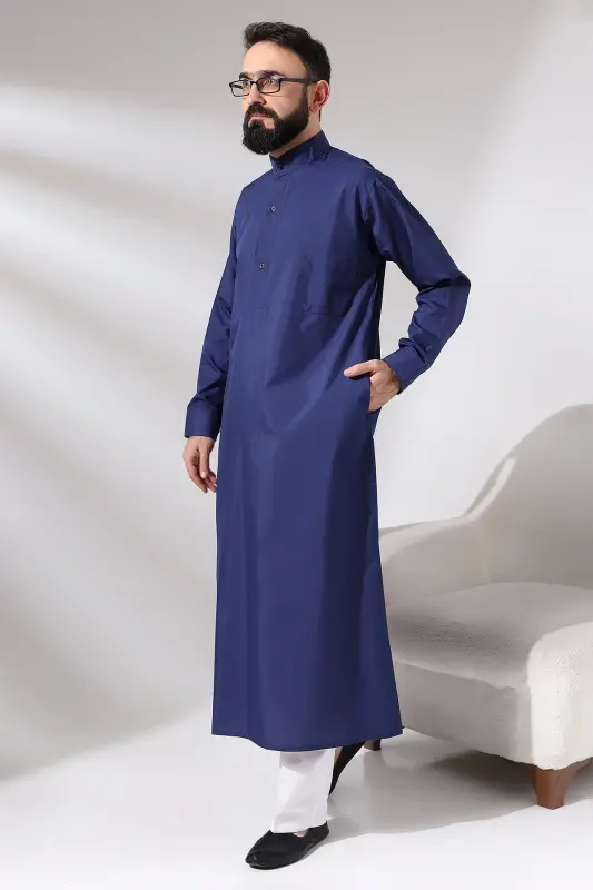 Men's Navy Blue Çınar Hajj and Umrah Full-Length Long Dragon Fabric Robe - Navy Blue - 2