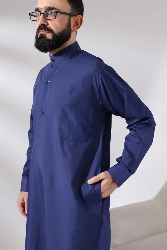 Men's Navy Blue Çınar Hajj and Umrah Full-Length Long Dragon Fabric Robe - Navy Blue - 3