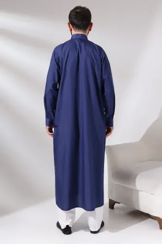 Men's Navy Blue Çınar Hajj and Umrah Full-Length Long Dragon Fabric Robe - Navy Blue - 5