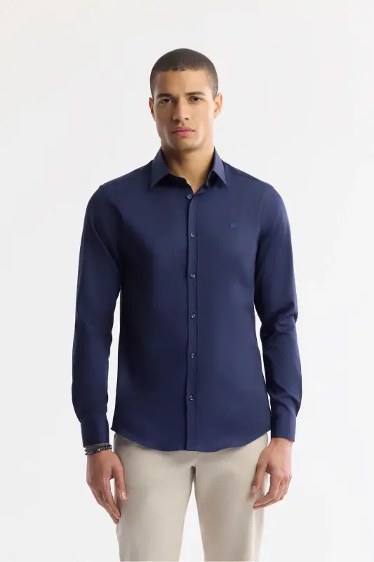 Men's Navy Blue Classic Collar 100% Cotton Satin Slim Fit Shirt B002006 - AVVA