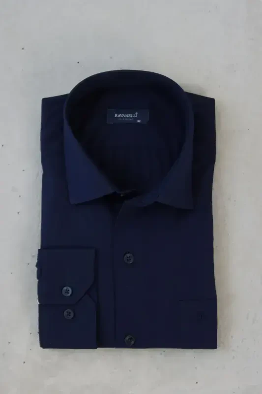 Men's Navy Blue Classic Collar Easy Iron Cotton Blend Slim Fit Special Boxed Shirt G90-Navy - RAVANELLI