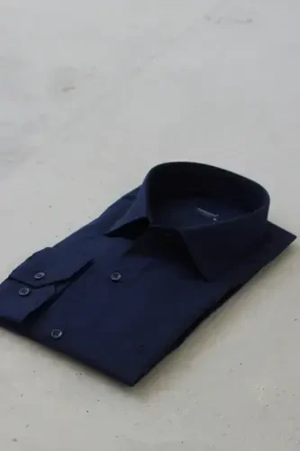 Men's Navy Blue Classic Collar Easy Iron Cotton Blend Slim Fit Special Boxed Shirt G90-Navy - RAVANELLI (1)