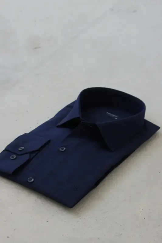 Men's Navy Blue Classic Collar Easy Iron Cotton Blend Slim Fit Special Boxed Shirt G90-Navy - 2