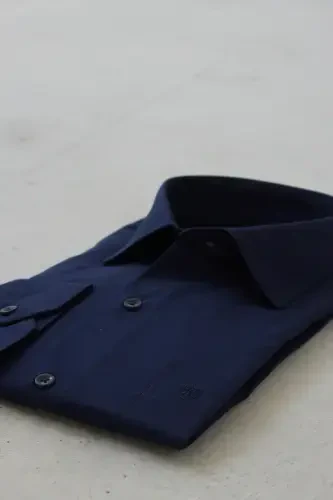 Men's Navy Blue Classic Collar Easy Iron Cotton Blend Slim Fit Special Boxed Shirt G90-Navy - 3