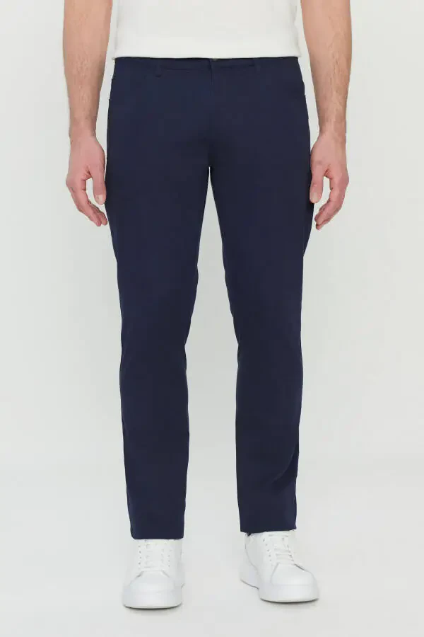 Men's Navy Blue Cotton Slim Fit Narrow Cut 5 Pocket Es - 1