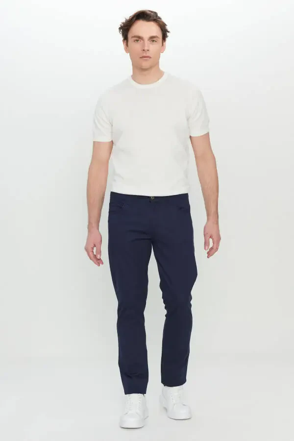 Men's Navy Blue Cotton Slim Fit Narrow Cut 5 Pocket Es - 2