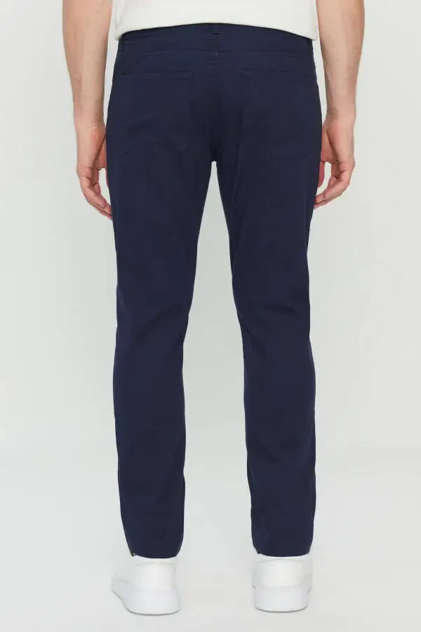 Men's Navy Blue Cotton Slim Fit Narrow Cut 5 Pocket Es - 5