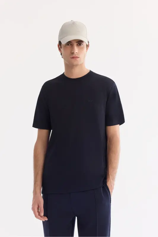 Men's Navy Blue Crew Neck Bi-Stretch Wrinkle-Resistant Printed Regular Fit T-Shirt B001040 - Navy Blue - 1