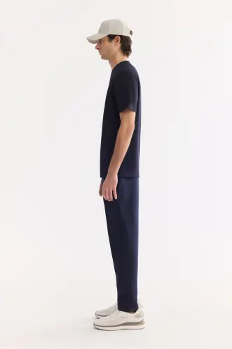 Men's Navy Blue Crew Neck Bi-Stretch Wrinkle-Resistant Printed Regular Fit T-Shirt B001040 - Navy Blue - 4