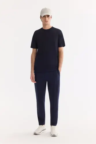 Men's Navy Blue Crew Neck Bi-Stretch Wrinkle-Resistant Printed Regular Fit T-Shirt B001040 - Navy Blue - 6