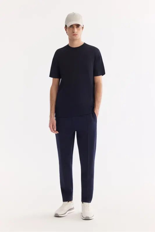 Men's Navy Blue Crew Neck Bi-Stretch Wrinkle-Resistant Printed Regular Fit T-Shirt B001040 - Navy Blue - 6