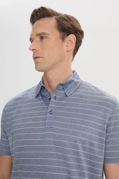 Men's Navy Blue-Ecru Regular Fit Relaxed Cut 100% Cotton Striped Polo Shirt - 4