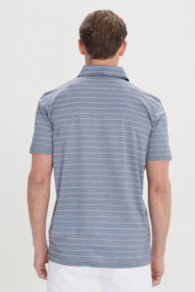 Men's Navy Blue-Ecru Regular Fit Relaxed Cut 100% Cotton Striped Polo Shirt - 5