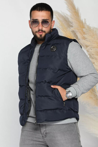 Men's Navy Blue Embroidered Puffer Vest - 1