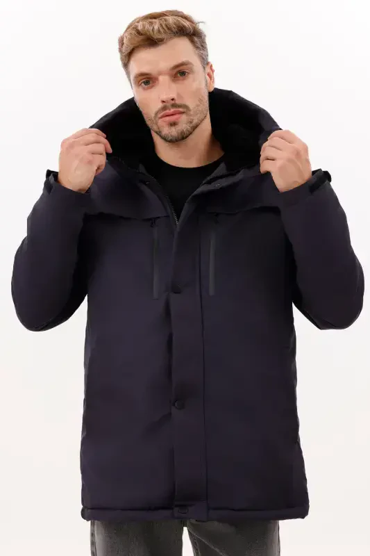 Men's Navy Blue Fleece Fur Lined Waterproof Windproof Hooded Winter Coat & Jacket & Parka-NAVY - 2