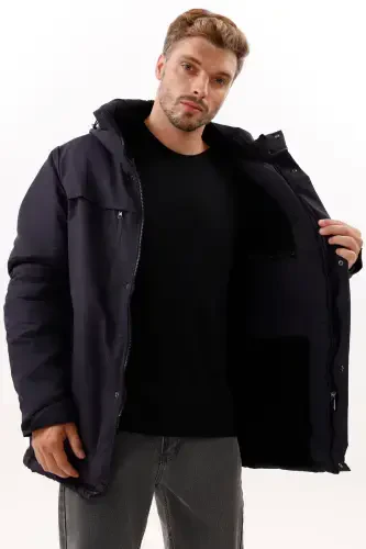 Men's Navy Blue Fleece Fur Lined Waterproof Windproof Hooded Winter Coat & Jacket & Parka-NAVY - 3