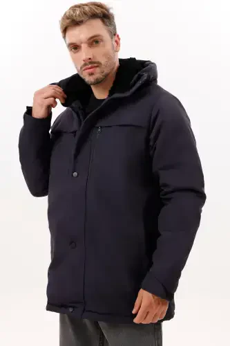 Men's Navy Blue Fleece Fur Lined Waterproof Windproof Hooded Winter Coat & Jacket & Parka-NAVY - 5