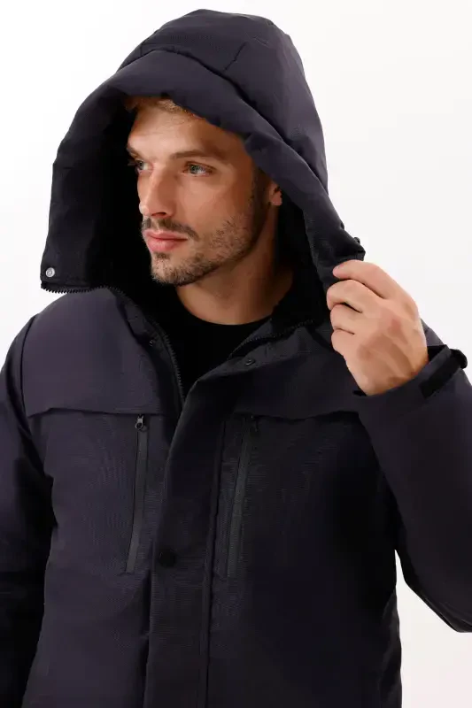 Men's Navy Blue Fleece Fur Lined Waterproof Windproof Hooded Winter Coat & Jacket & Parka-NAVY - 6