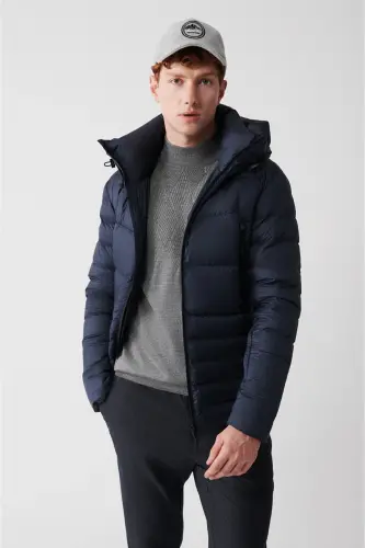 Men's Navy Blue Goose Down Water Repellent Windproof Thermometer Hooded Puffer Jacket A32y6017-Navy Blue - 1