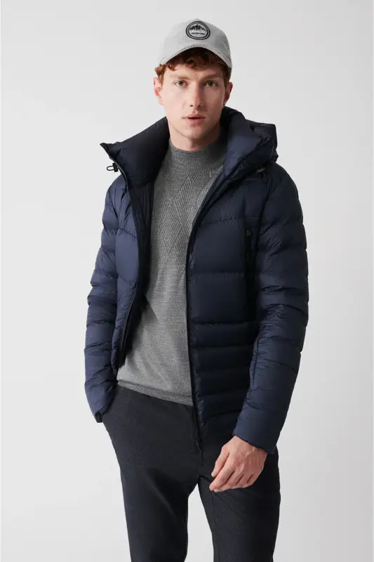 Men's Navy Blue Goose Down Water Repellent Windproof Thermometer Hooded Puffer Jacket A32y6017-Navy Blue - 1
