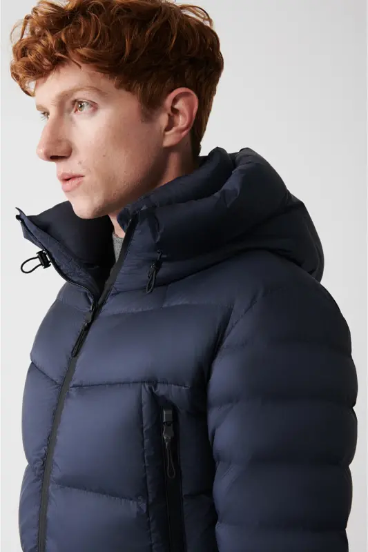 Men's Navy Blue Goose Down Water Repellent Windproof Thermometer Hooded Puffer Jacket A32y6017-Navy Blue - 2