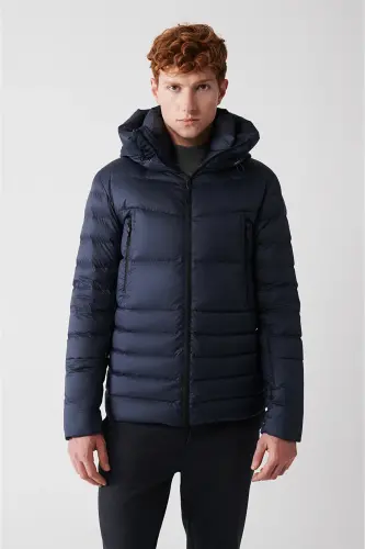 Men's Navy Blue Goose Down Water Repellent Windproof Thermometer Hooded Puffer Jacket A32y6017-Navy Blue - 3