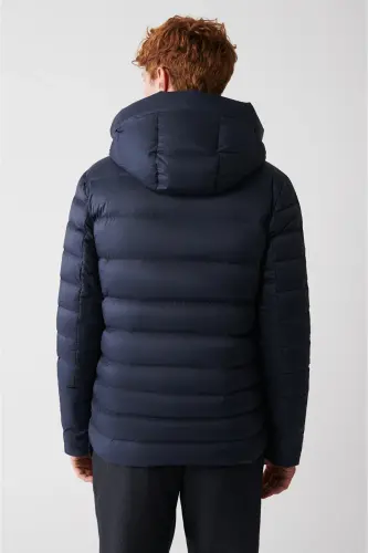 Men's Navy Blue Goose Down Water Repellent Windproof Thermometer Hooded Puffer Jacket A32y6017-Navy Blue - 4