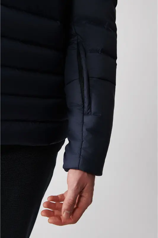 Men's Navy Blue Goose Down Water Repellent Windproof Thermometer Hooded Puffer Jacket A32y6017-Navy Blue - 5