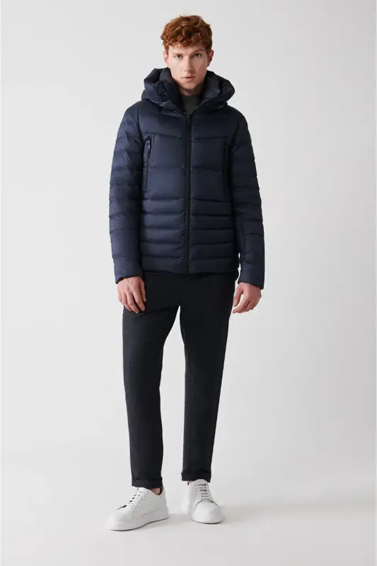 Men's Navy Blue Goose Down Water Repellent Windproof Thermometer Hooded Puffer Jacket A32y6017-Navy Blue - 8