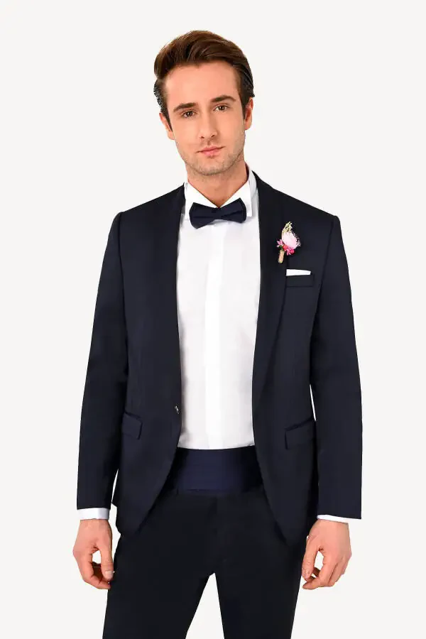 Men's Navy Blue Groom Suit with Shawl Collar - 7