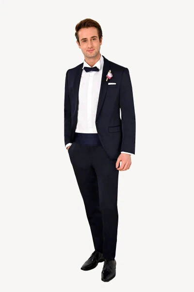 Men's Navy Blue Groom Suit with Shawl Collar - YSF