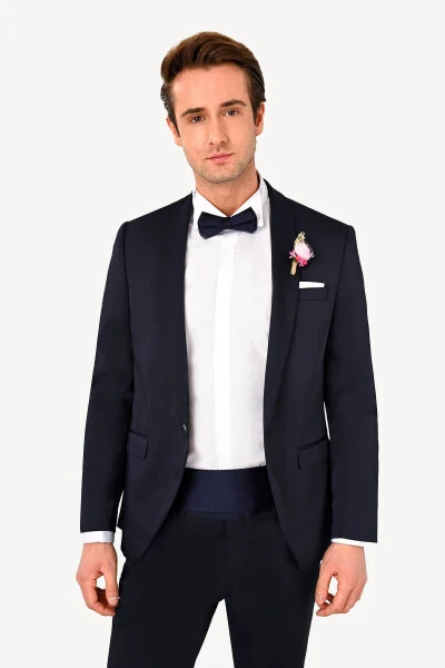 Men's Navy Blue Groom Suit with Shawl Collar - YSF (1)