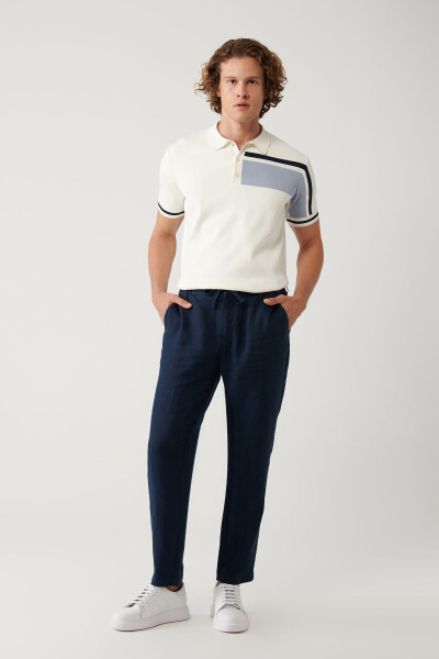 Men's Navy Blue Issos Relaxed Fit Trousers with Elastic Waistband, 100% Linen B003032 - 1