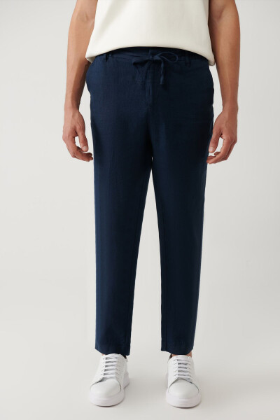 Men's Navy Blue Issos Relaxed Fit Trousers with Elastic Waistband, 100% Linen B003032 - 2