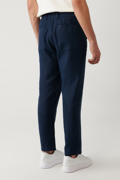 Men's Navy Blue Issos Relaxed Fit Trousers with Elastic Waistband, 100% Linen B003032 - 5