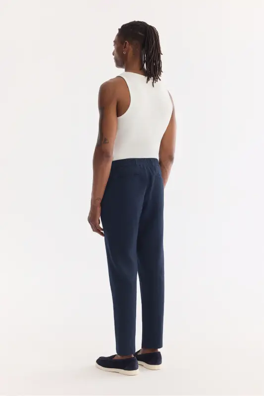 Men's Navy Blue Issos Relaxed Fit Trousers with Elastic Waistband, 100% Linen B003032 - 4